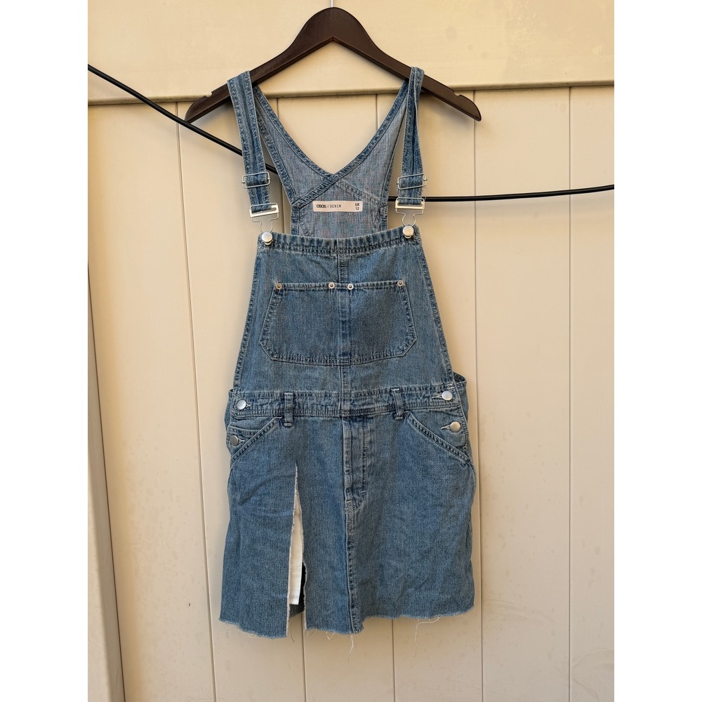ASOS Denim Pinafore Dress Blue Medium Wash Bib Overall Mini Skirt Raw Hem UK 12